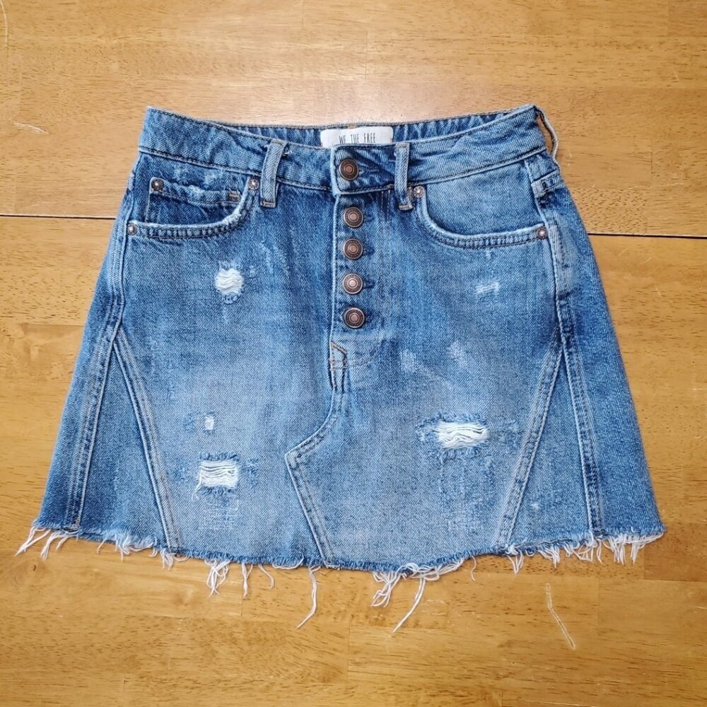 We the Free Denim Skirt 24 Mini Button fly Raw Hem 100% Cotton Festival Jean